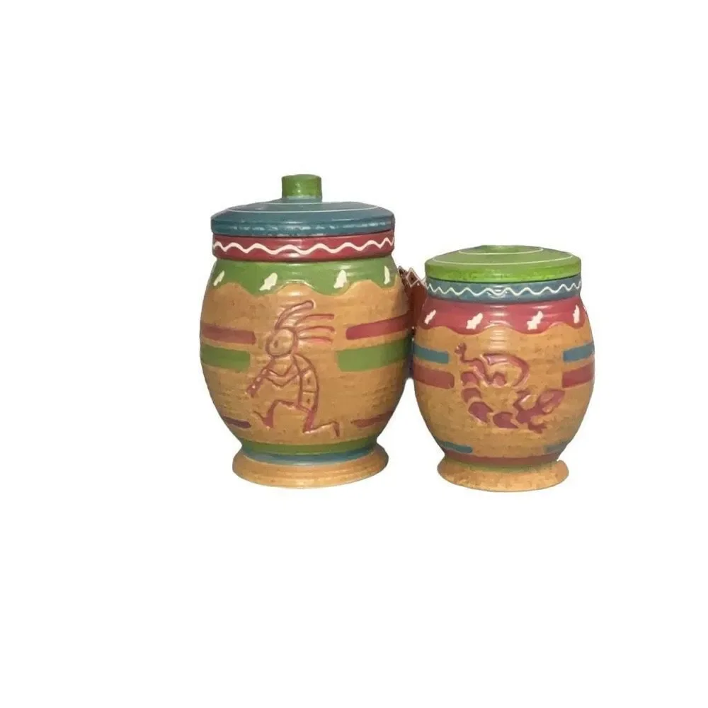 Southwestern Pottery Jars Small Canisters Kokopelli Lizards Set of 2